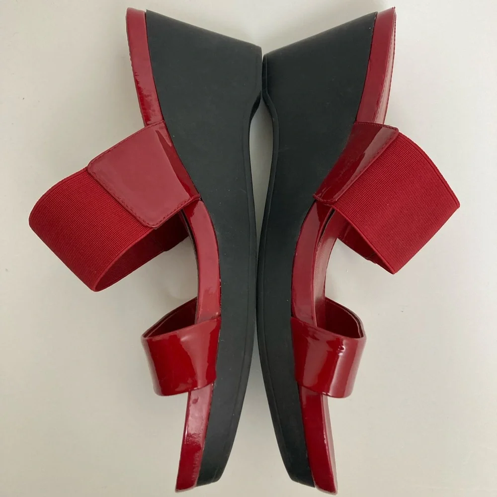 *Lauren Ralph Lauren Rihanna Red Patent Leather Platform Wedge Slip on Sandal#SR
